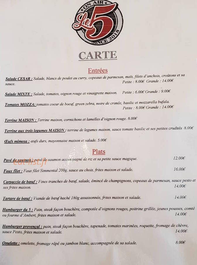 Le 5 Resto — carte page 1