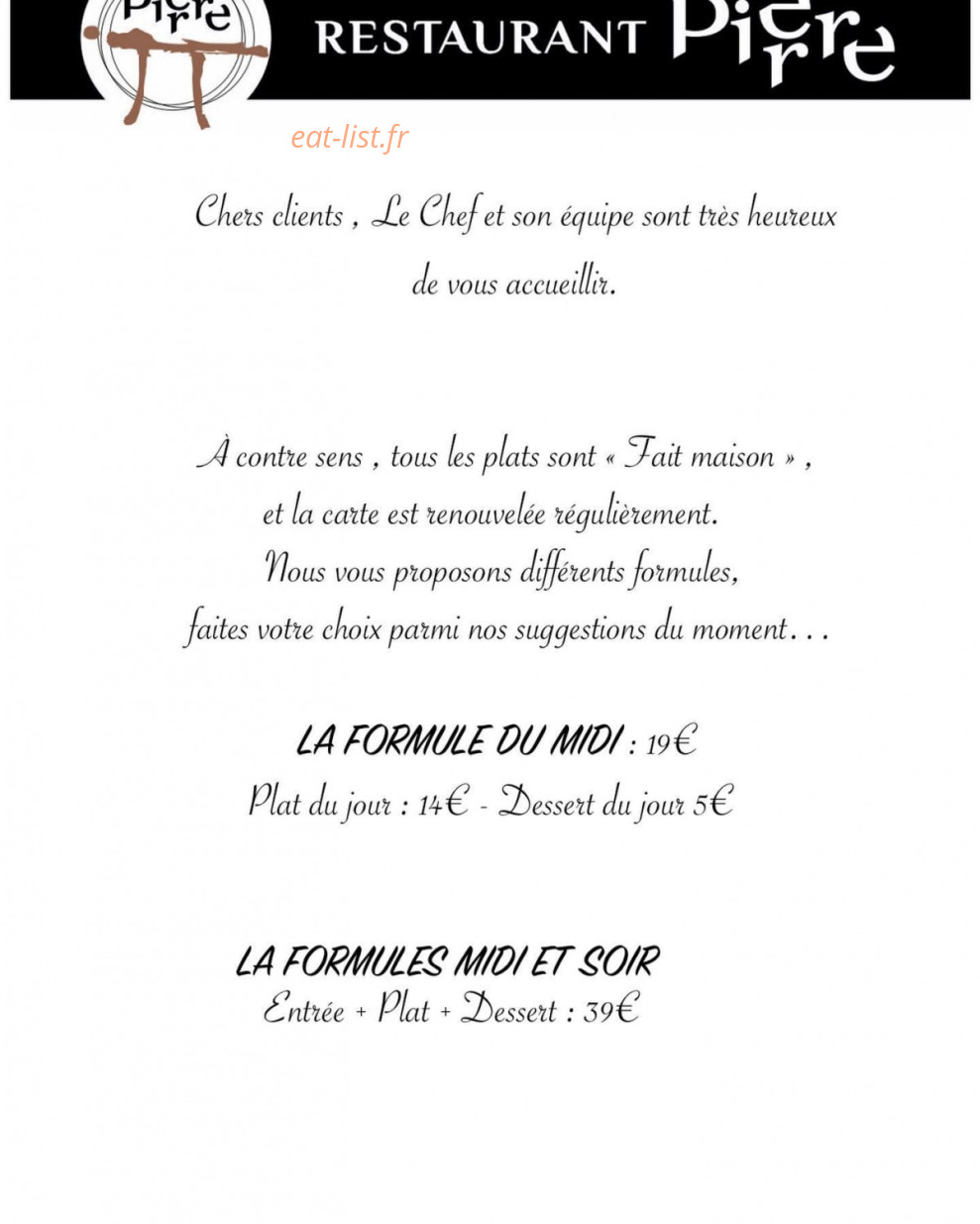 Restaurant Pierre — carte page 1