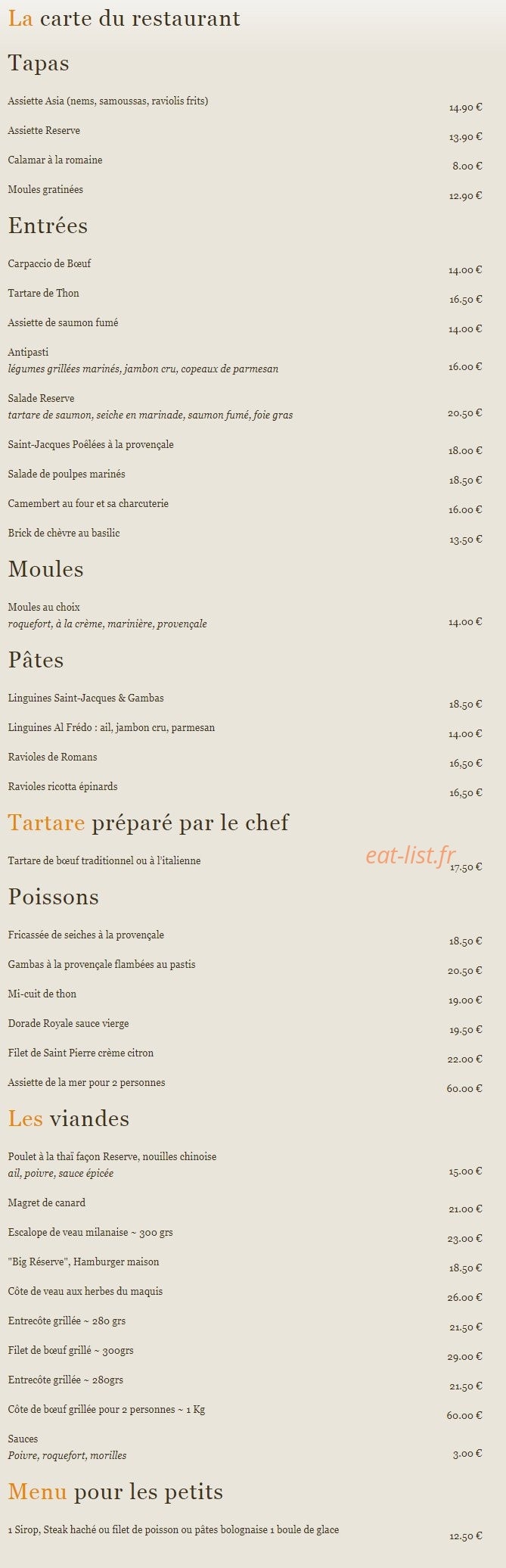 La Reserve — carte page 1