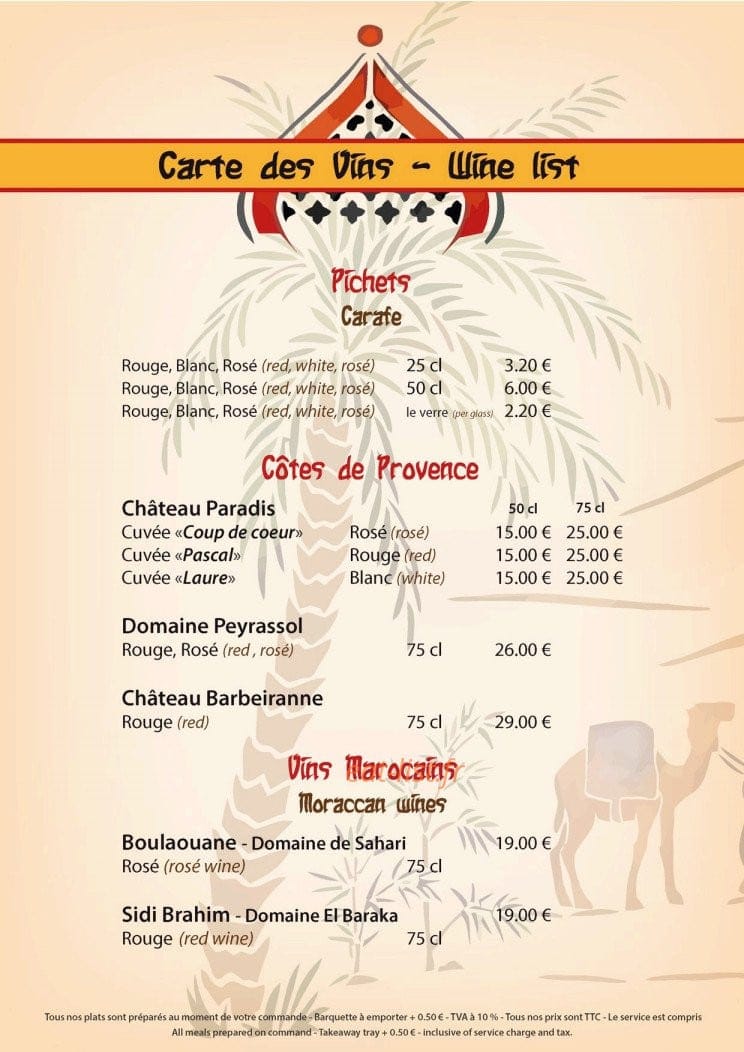 Carte et menu de Délices de L'orient à Le Cannet des Maures — Les vins