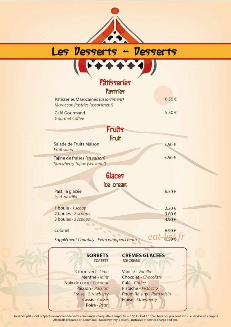 Carte et menu de Délices de L'orient à Le Cannet des Maures — Les pâtisseries, les fruits et les glaces