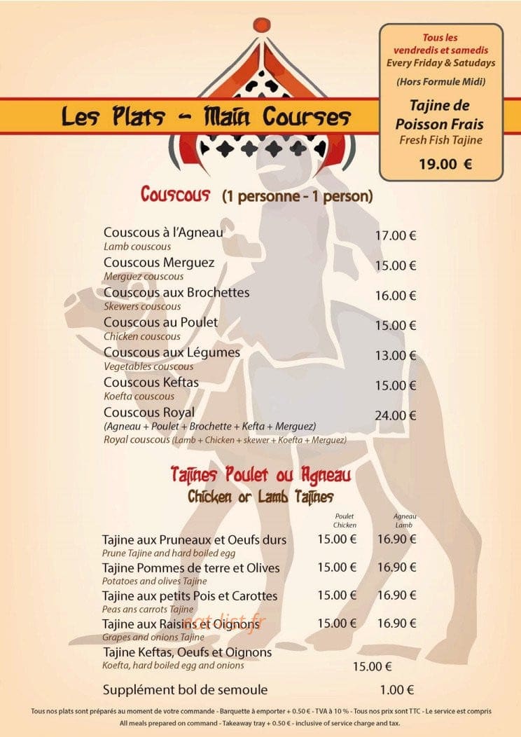 Carte et menu de Délices de L'orient à Le Cannet des Maures — Les couscous et les tajines