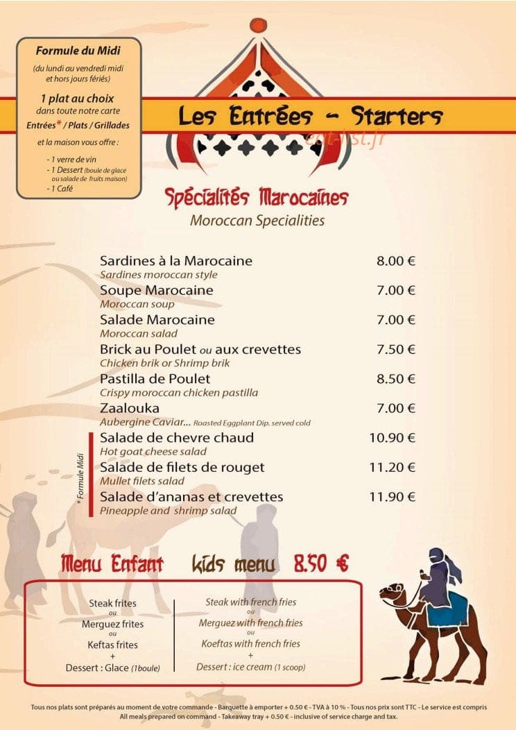Carte et menu de Délices de L'orient à Le Cannet des Maures — Les formules menus, les spécialités marocains et le menu enfant