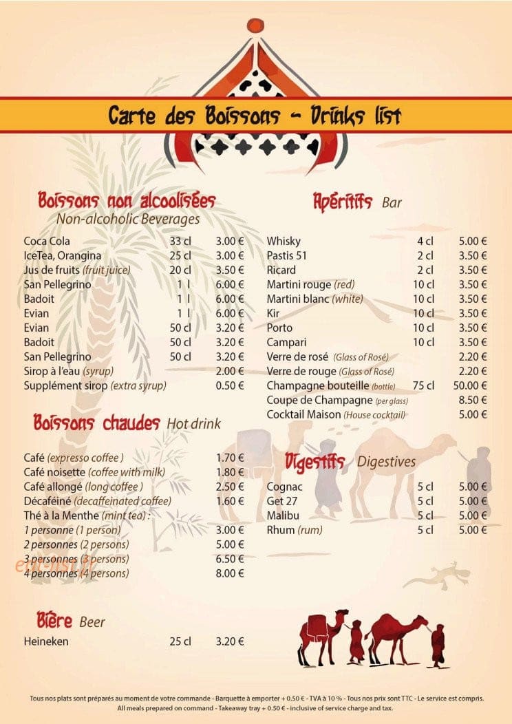Carte et menu de Délices de L'orient à Le Cannet des Maures — Les boissons non alcoolisées, les apéritifs,....