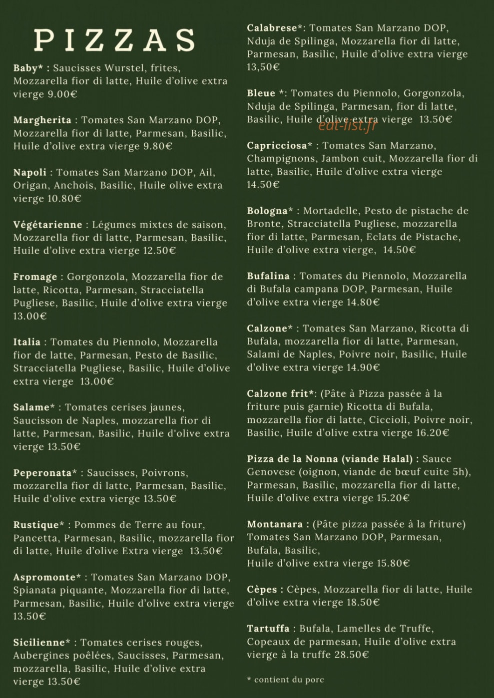 Carte et menu de La Focacceria à Le Cannet des Maures — Les pizzas