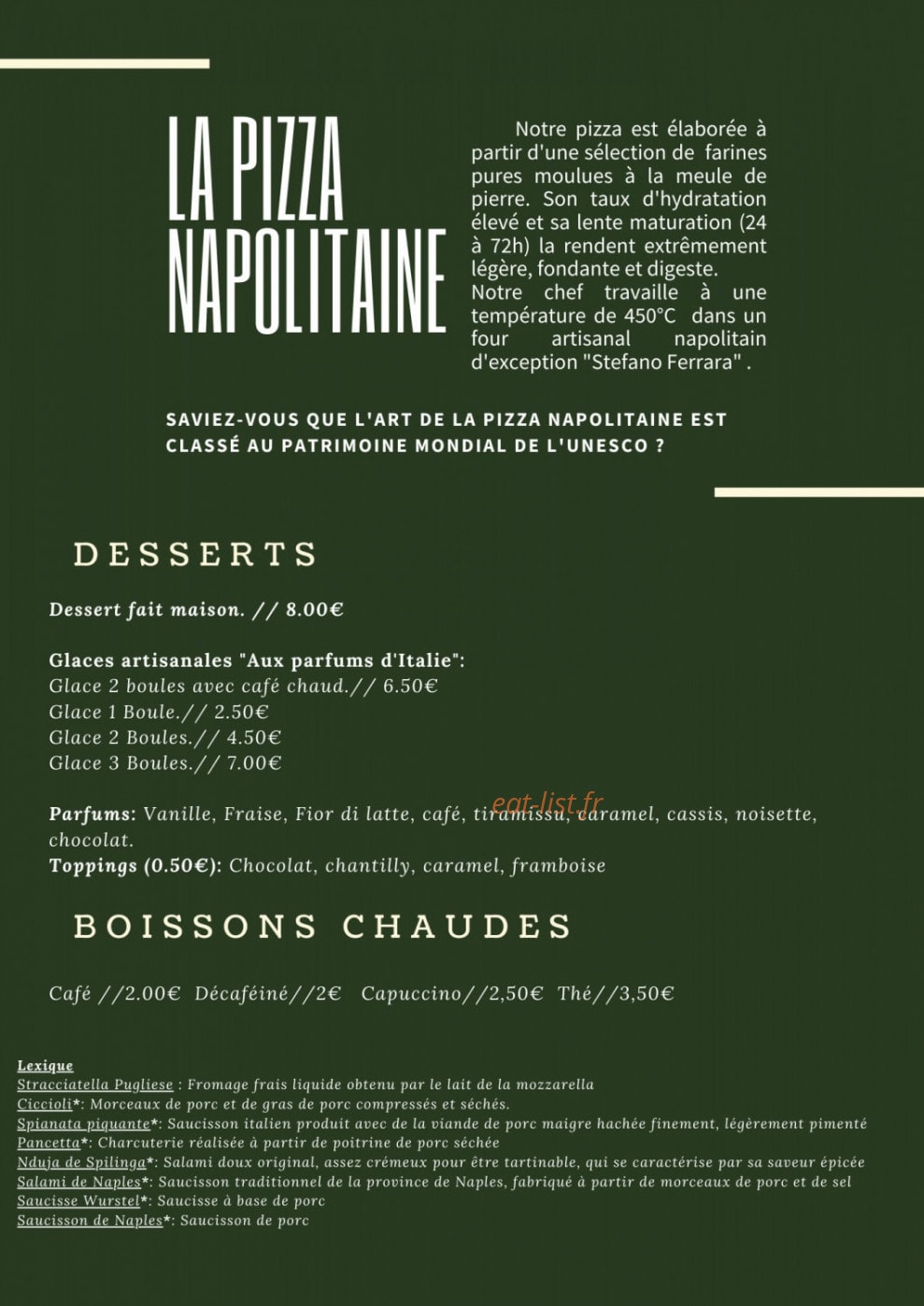 Carte et menu de La Focacceria à Le Cannet des Maures — Les desserts, boissons chaudes