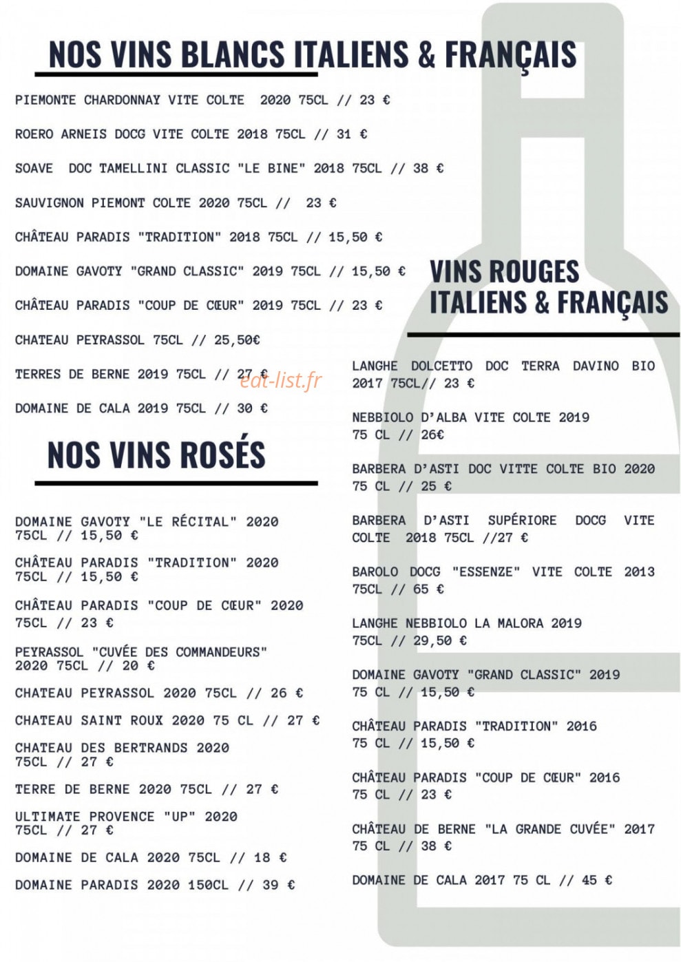 Carte et menu de La Focacceria à Le Cannet des Maures — Les vins
