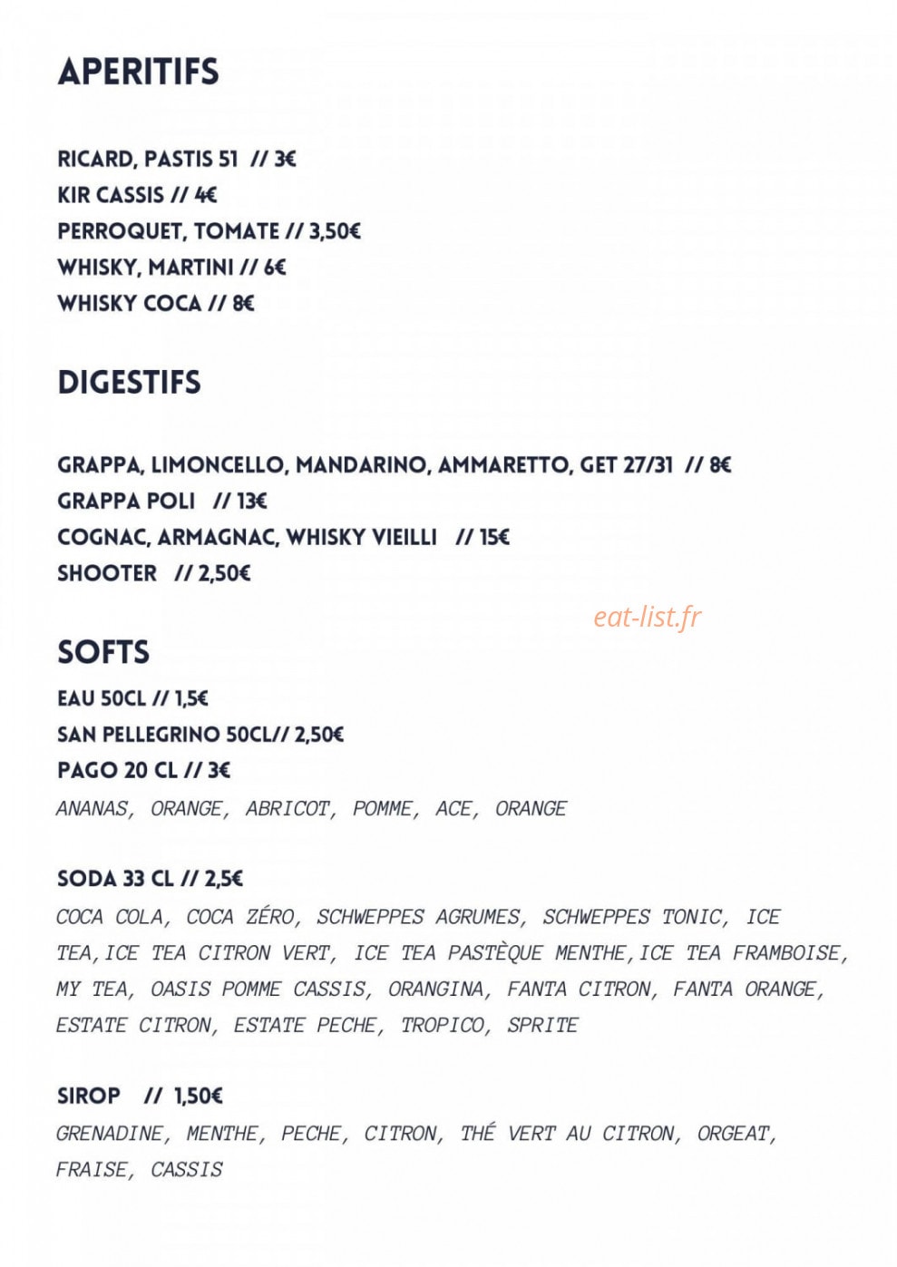 Carte et menu de La Focacceria à Le Cannet des Maures — Les apéritifs, digestifs, ...