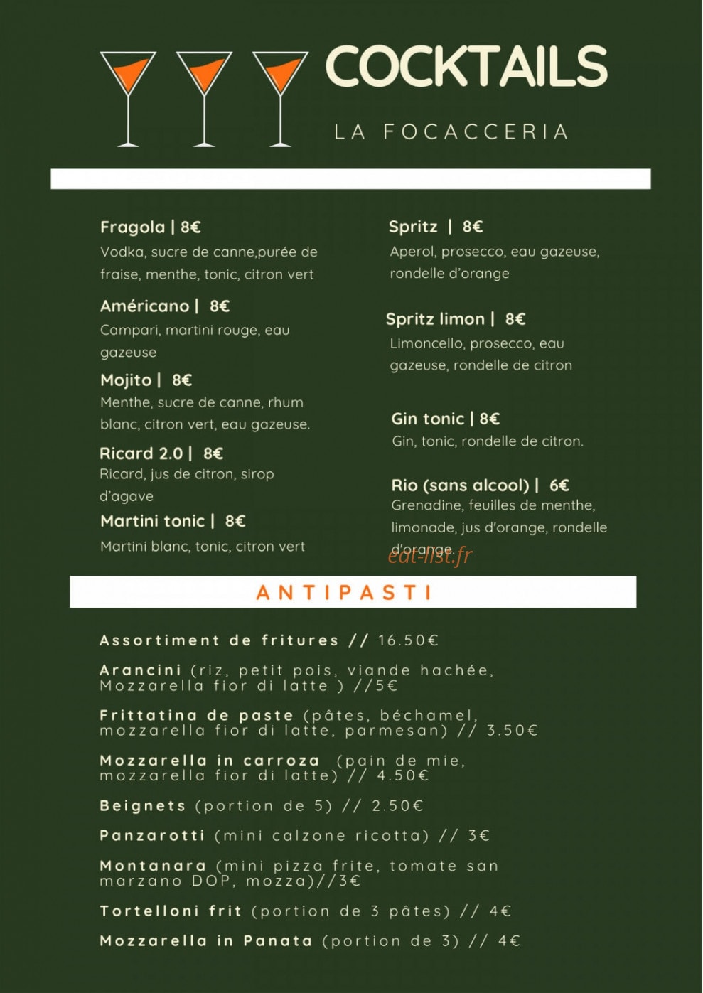 Carte et menu de La Focacceria à Le Cannet des Maures — Les cocktails