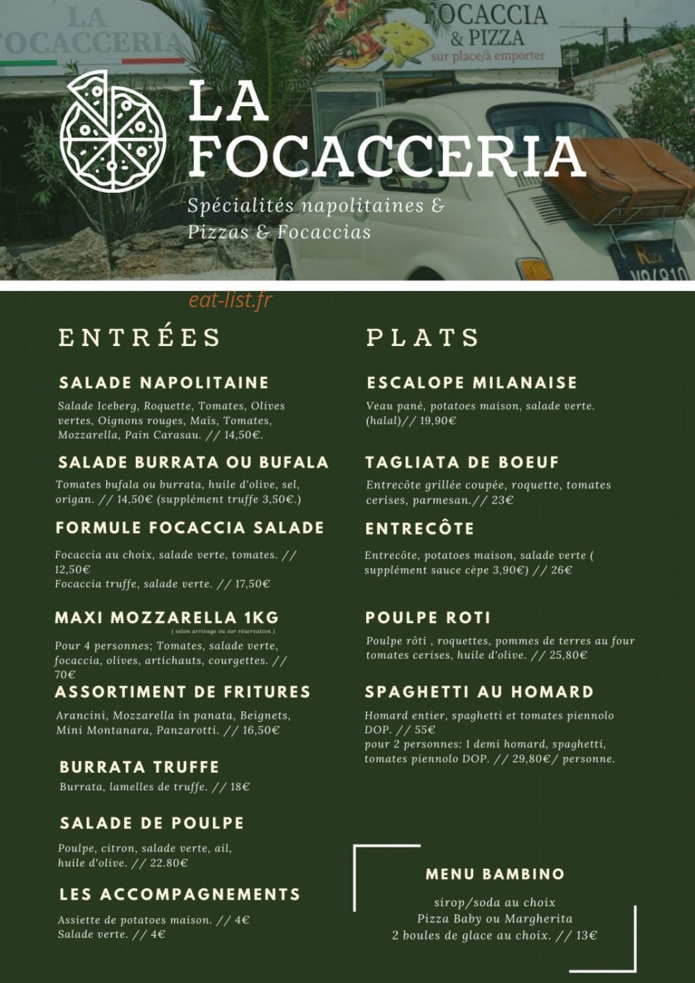 Carte et menu de La Focacceria à Le Cannet des Maures — Les entrées, plats