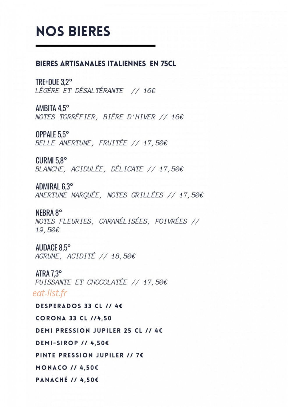 Carte et menu de La Focacceria à Le Cannet des Maures — Les bières