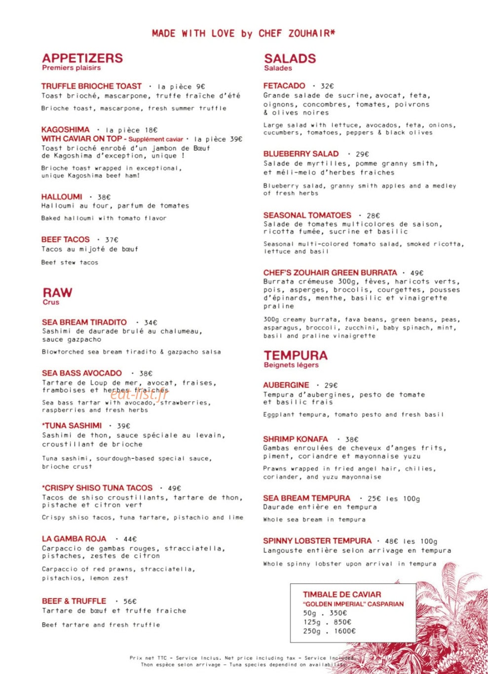 Carte et menu de Casa Amor à Ramatuelle — Premiers plaisirs, salades...