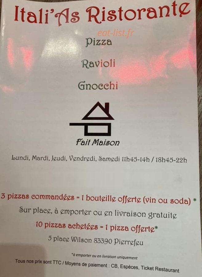 Itali’AS Ristorante — carte page 1