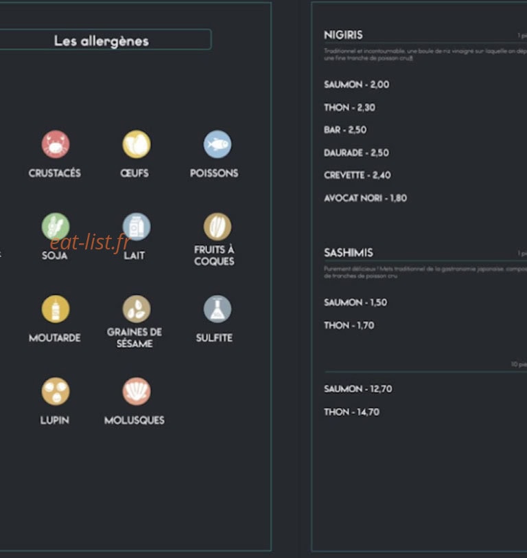 Carte et menu de Gotosushi à Hyeres — Les allergènes, nigiris et saumon