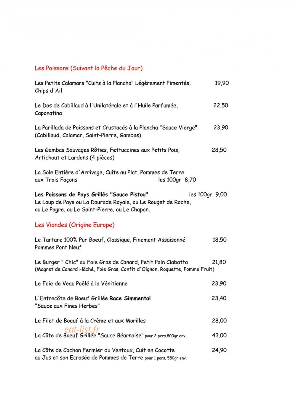 Carte et menu de La brasserie des iles à Hyeres — Les poissons et viandes