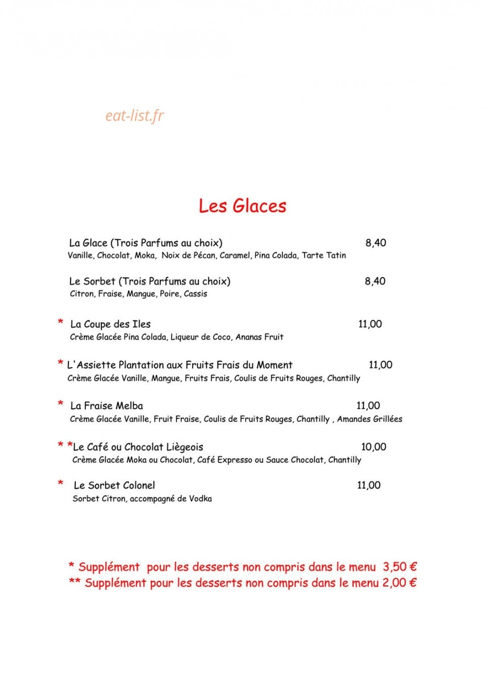Carte et menu de La brasserie des iles à Hyeres — Les glaces