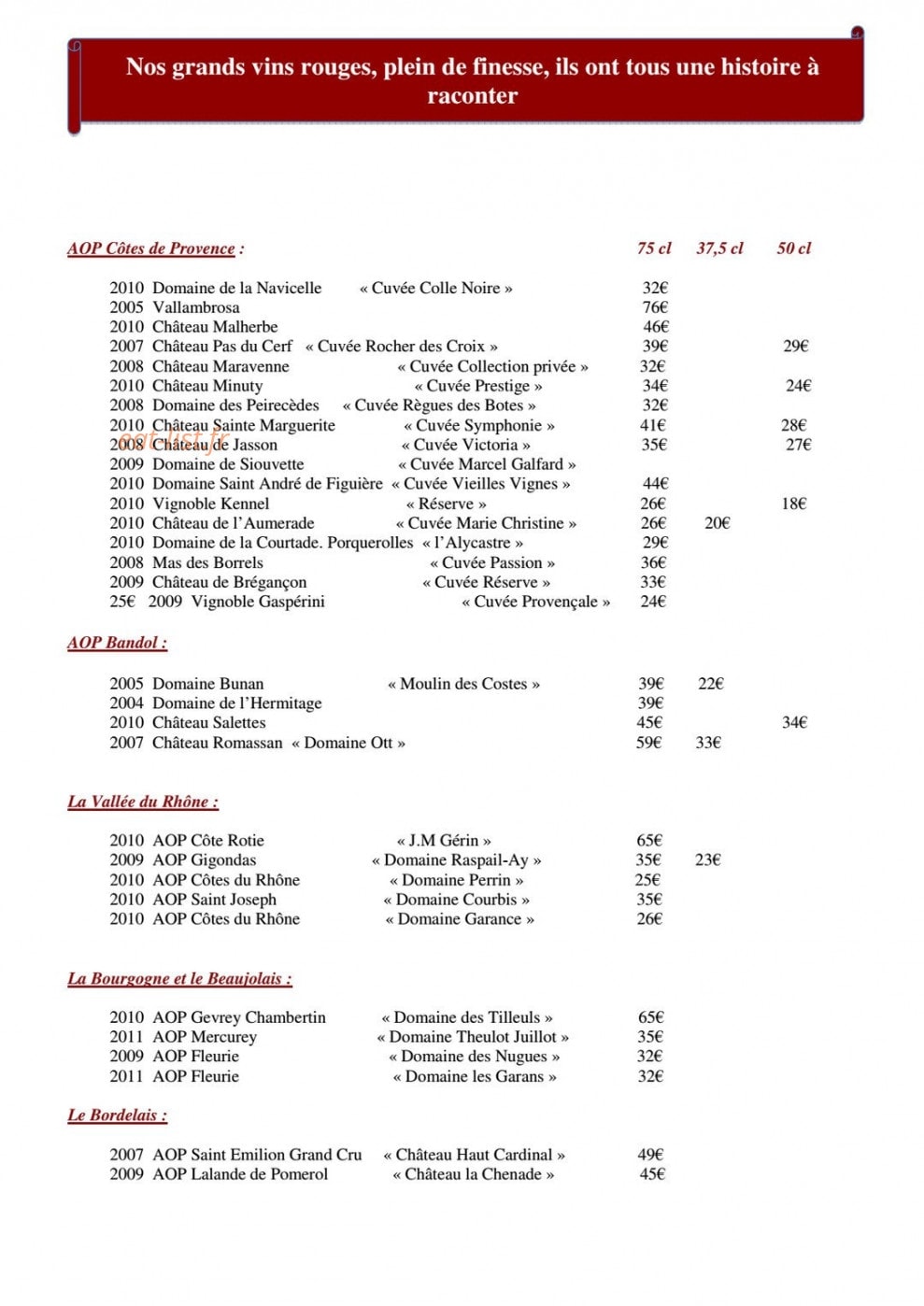 Carte et menu de La brasserie des iles à Hyeres — Les vins suite
