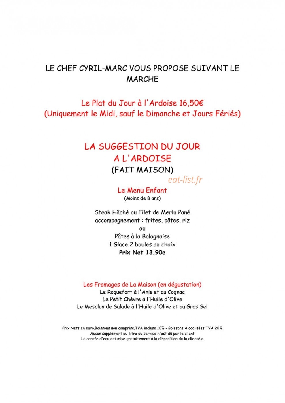Carte et menu de La brasserie des iles à Hyeres — Le menu enfant et les fromages