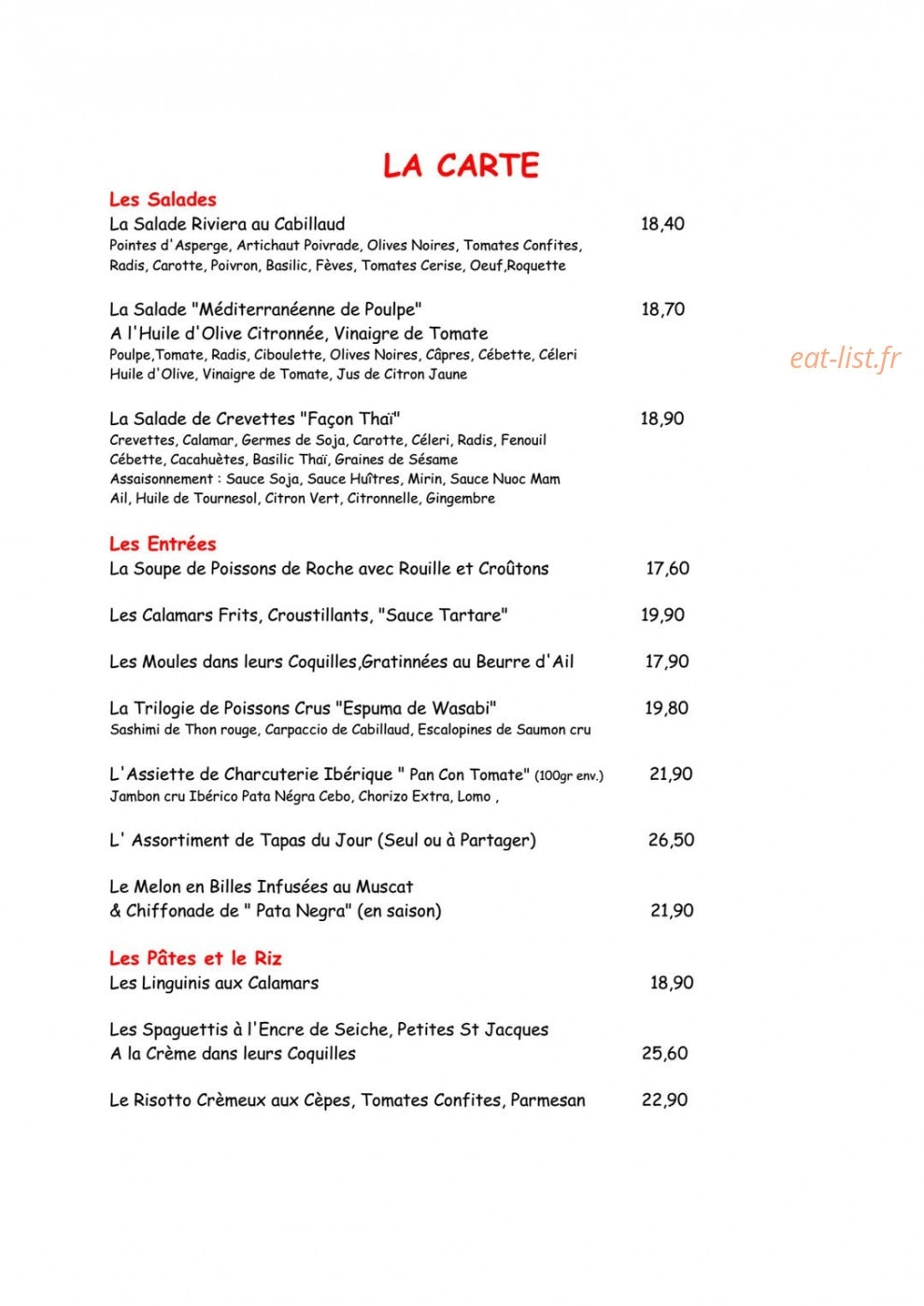 Carte et menu de La brasserie des iles à Hyeres — Les salades, entrées,....