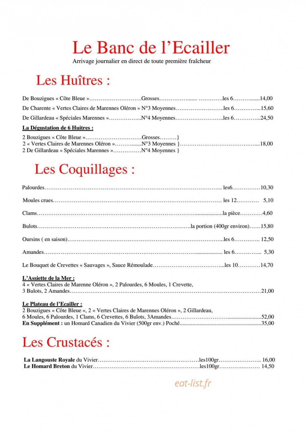 Carte et menu de La brasserie des iles à Hyeres — Les huîtres, coquillages et crustacés