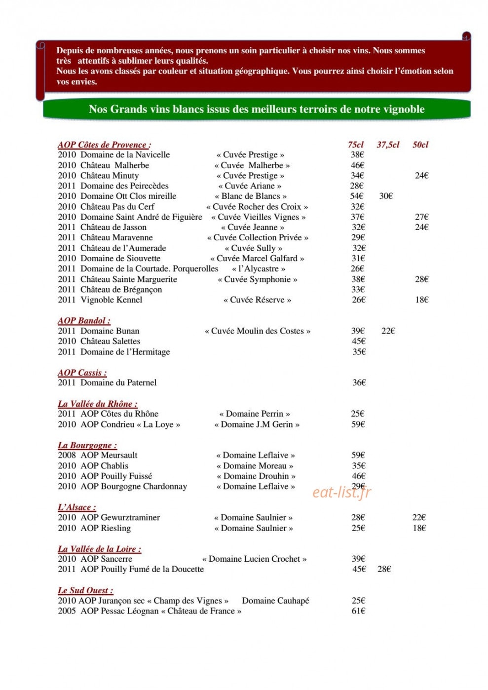 Carte et menu de La brasserie des iles à Hyeres — Les vins