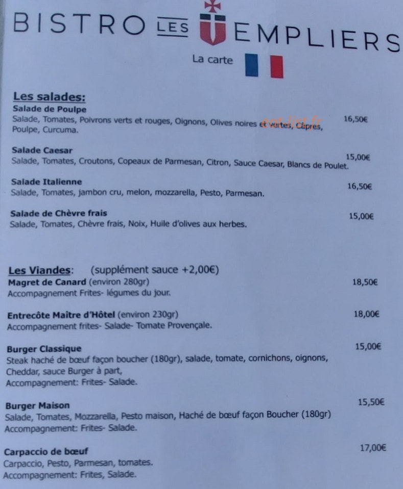 Le Bistro des Templiers — carte page 1