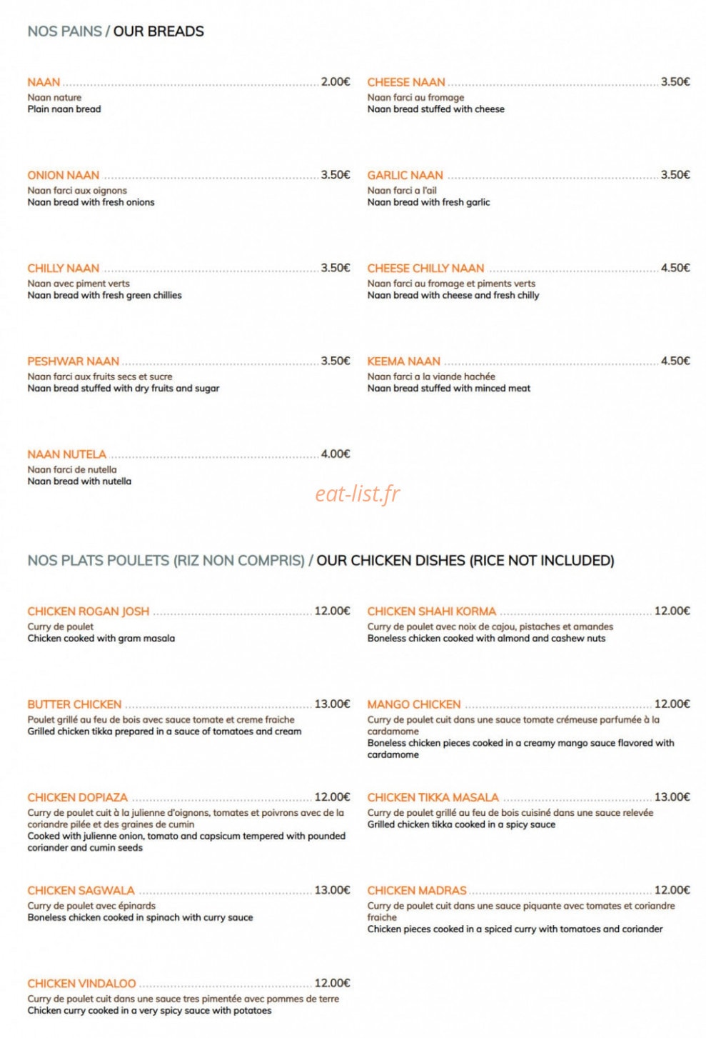 Restaurant Taj Mahal — carte page 2