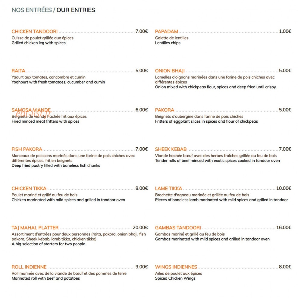 Restaurant Taj Mahal — carte page 1