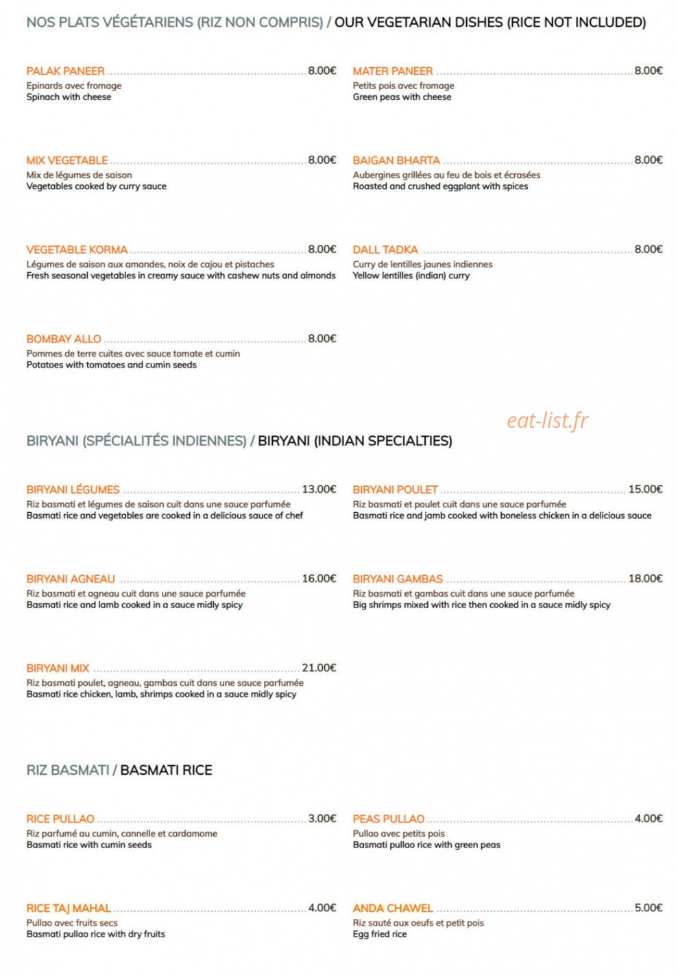 Restaurant Taj Mahal — carte page 4