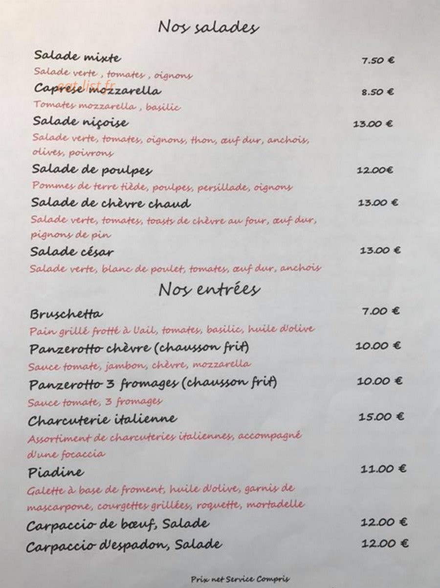 Carte et menu de Il Forno à La Croix Valmer — Les entrées et salades