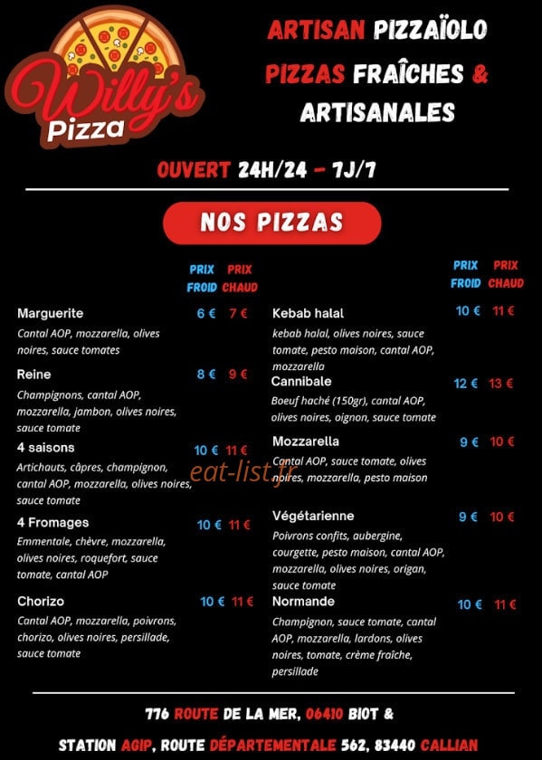 Willy's Pizza — carte page 1