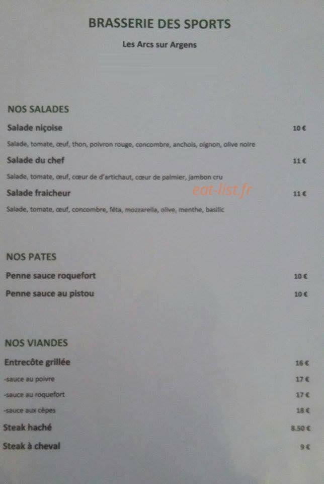 Carte et menu de Brasserie des sports à Les Arcs — les salades,...