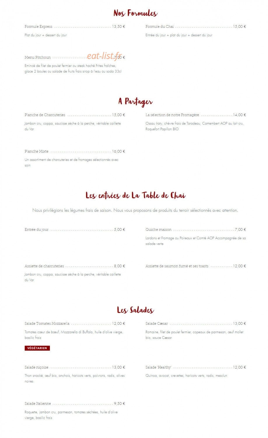 La Table du Chai — carte page 1