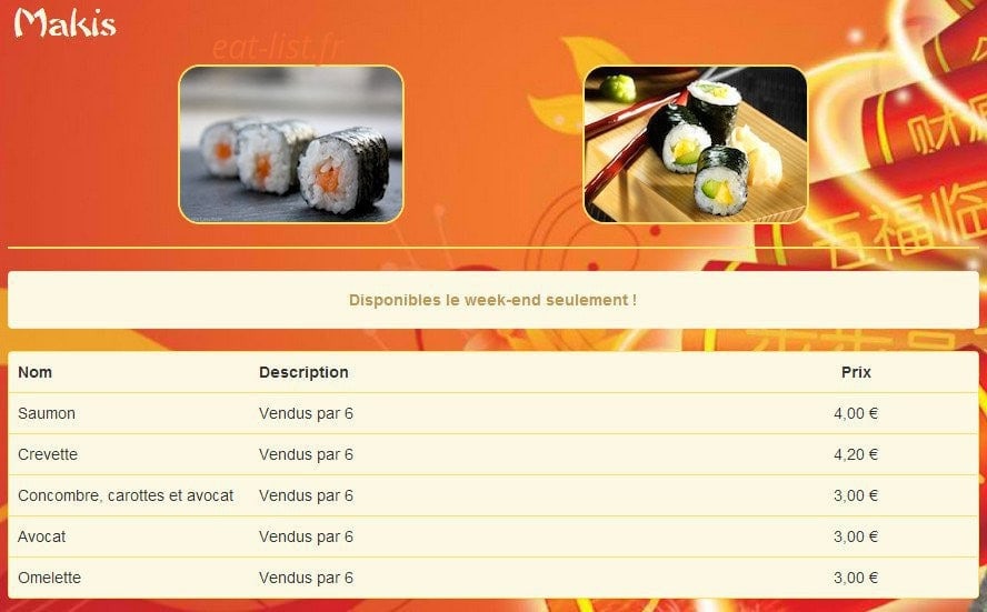 Carte et menu de Chez Tam à Saint Maximin la Sainte Baume — Les makis