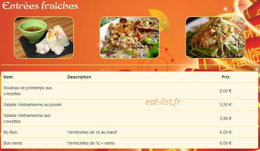 Carte et menu de Chez Tam à Saint Maximin la Sainte Baume — Les entrées fraîches