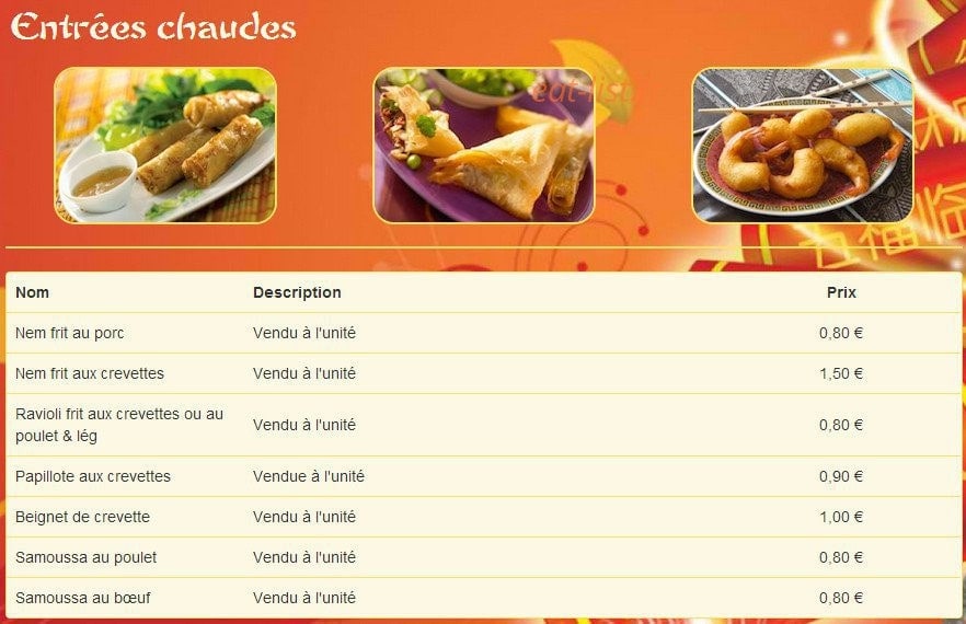 Carte et menu de Chez Tam à Saint Maximin la Sainte Baume — Les entrées chaudes