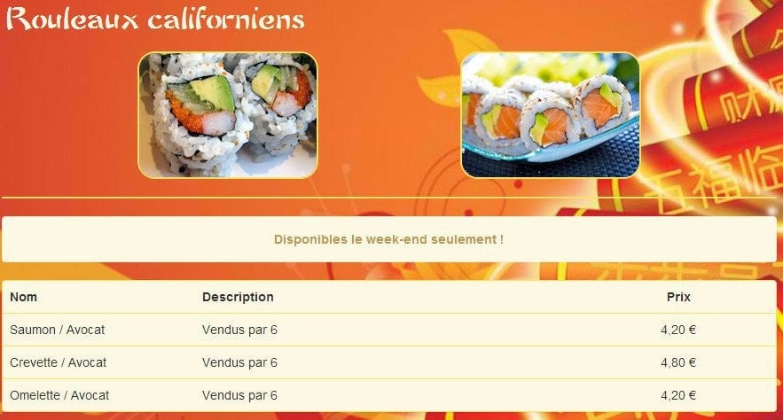 Carte et menu de Chez Tam à Saint Maximin la Sainte Baume — Les rouleaux californiens