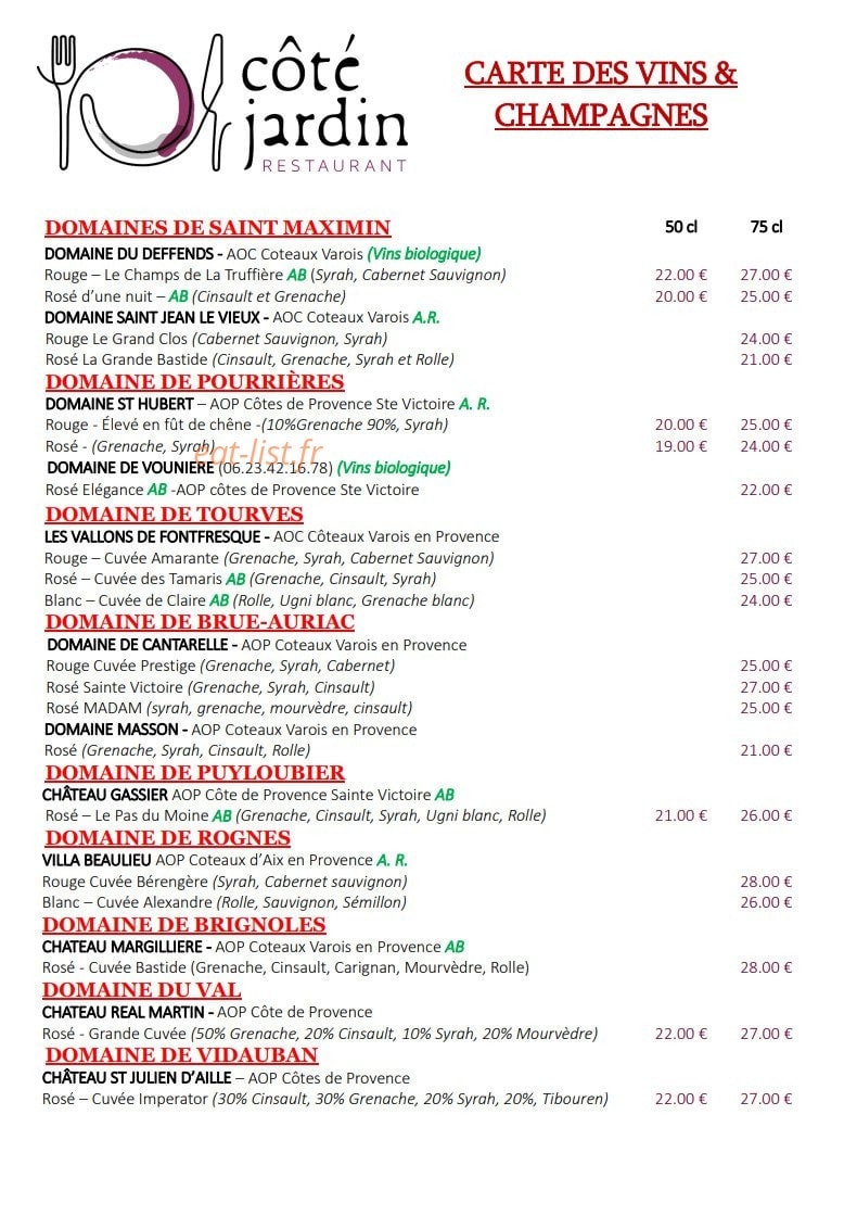 Carte et menu de Côté Jardin à Saint Maximin la Sainte Baume — Les vins