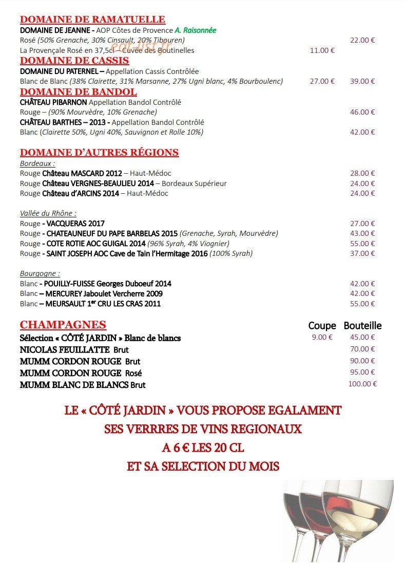 Carte et menu de Côté Jardin à Saint Maximin la Sainte Baume — Les vins suite