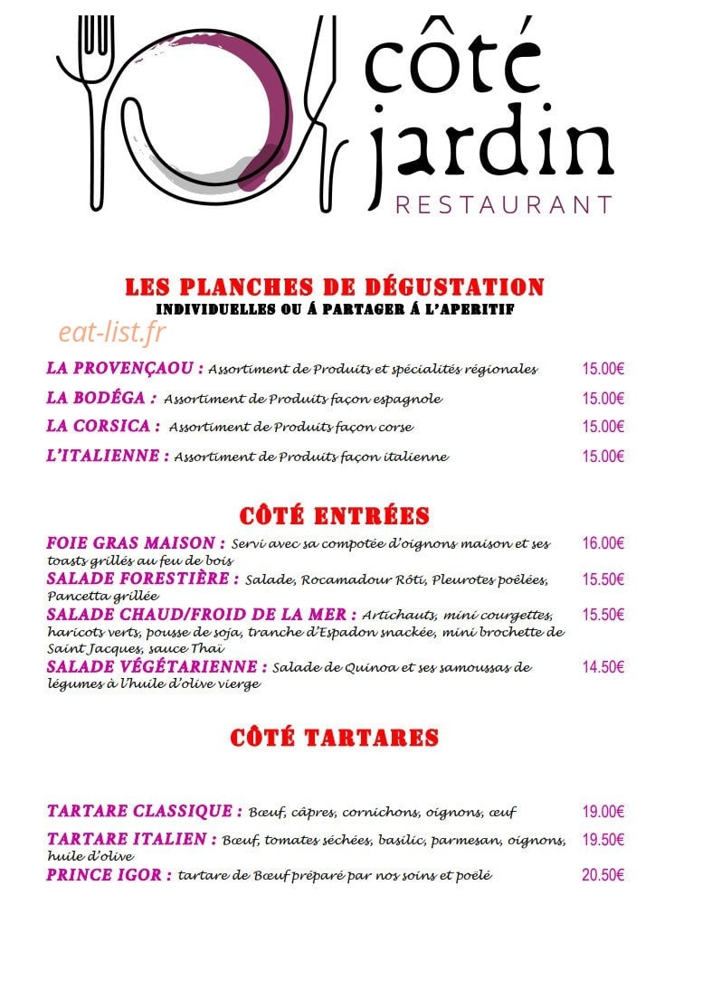 Carte et menu de Côté Jardin à Saint Maximin la Sainte Baume — Les entres et tartares