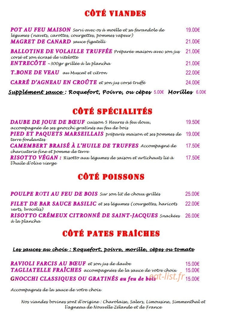 Carte et menu de Côté Jardin à Saint Maximin la Sainte Baume — Les viandes spécialités, poissons et pâtes