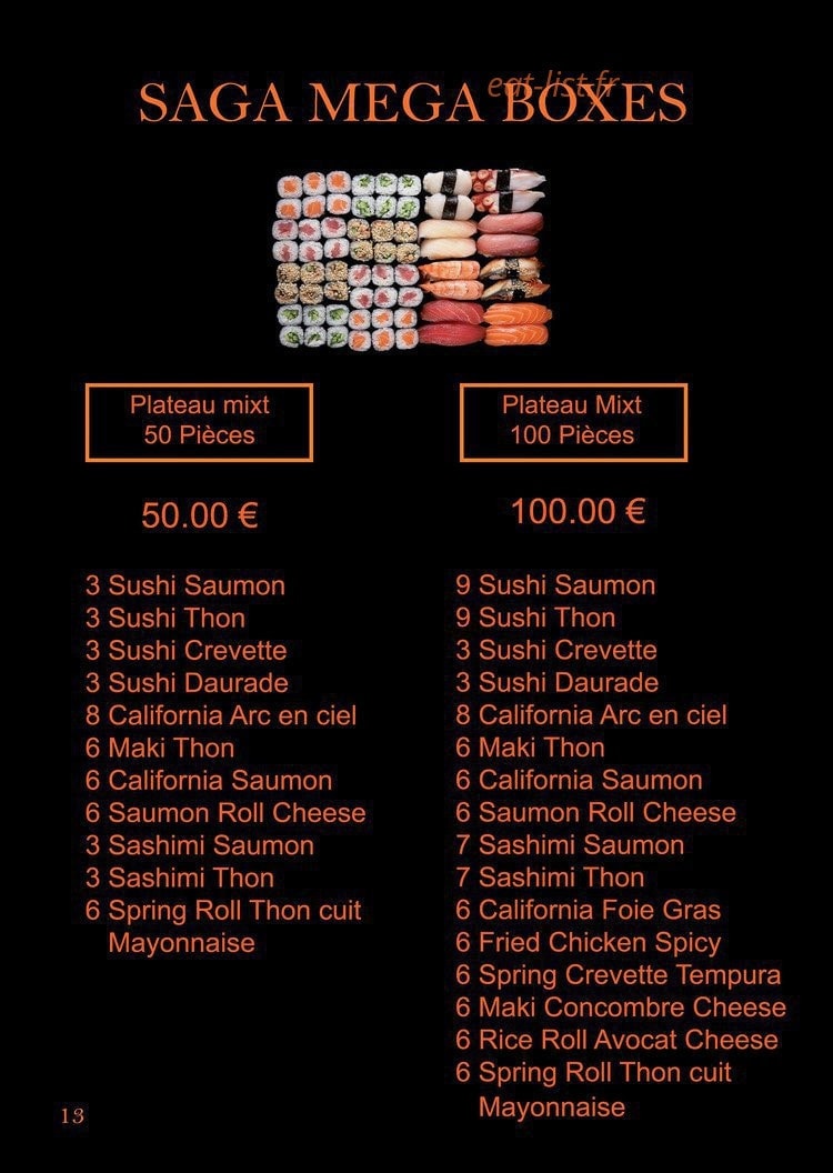 Carte et menu de Saga Sushi à Saint Maximin la Sainte Baume — Les saga mega boxes