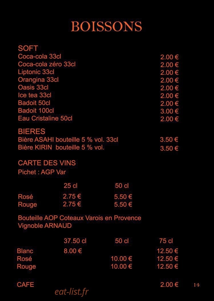 Carte et menu de Saga Sushi à Saint Maximin la Sainte Baume — Les boissons