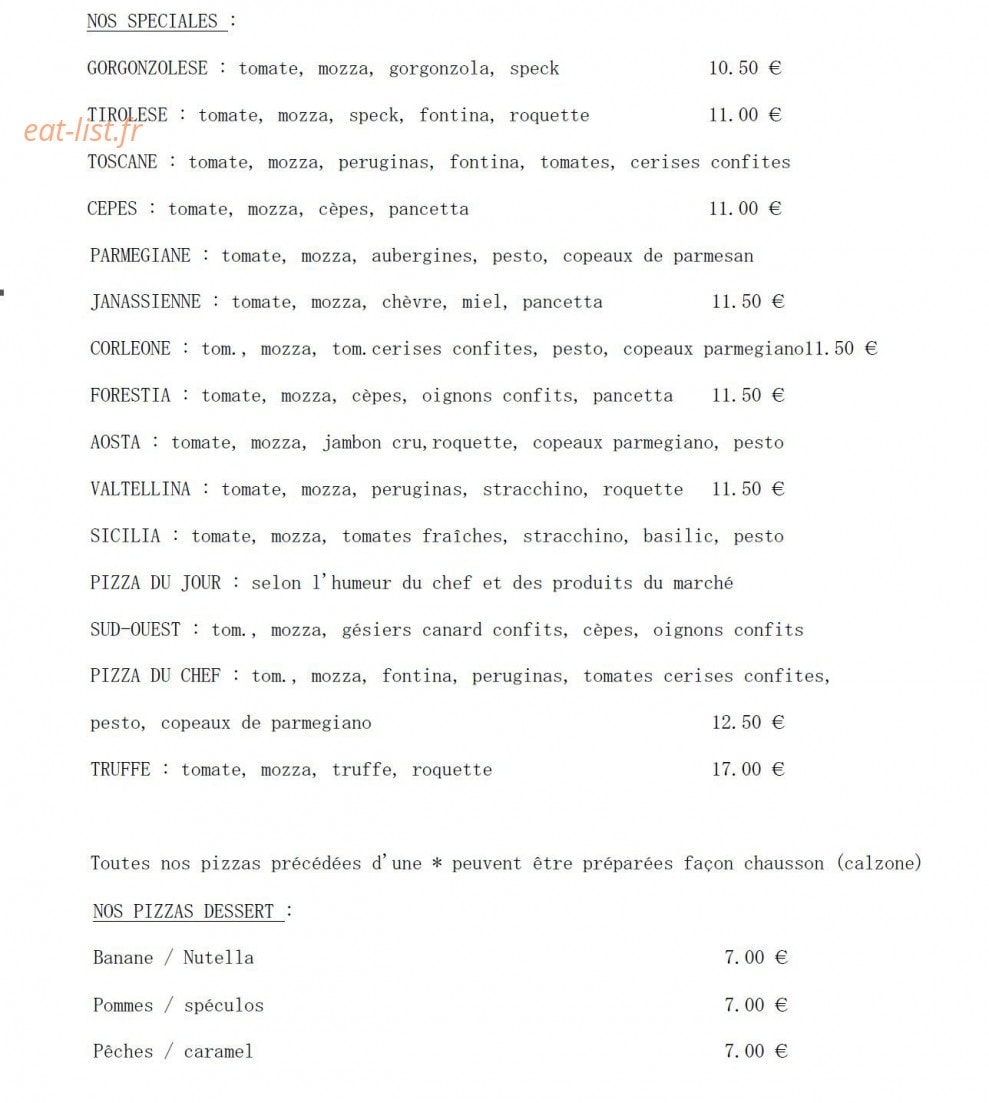 Janas Pizza — carte page 2