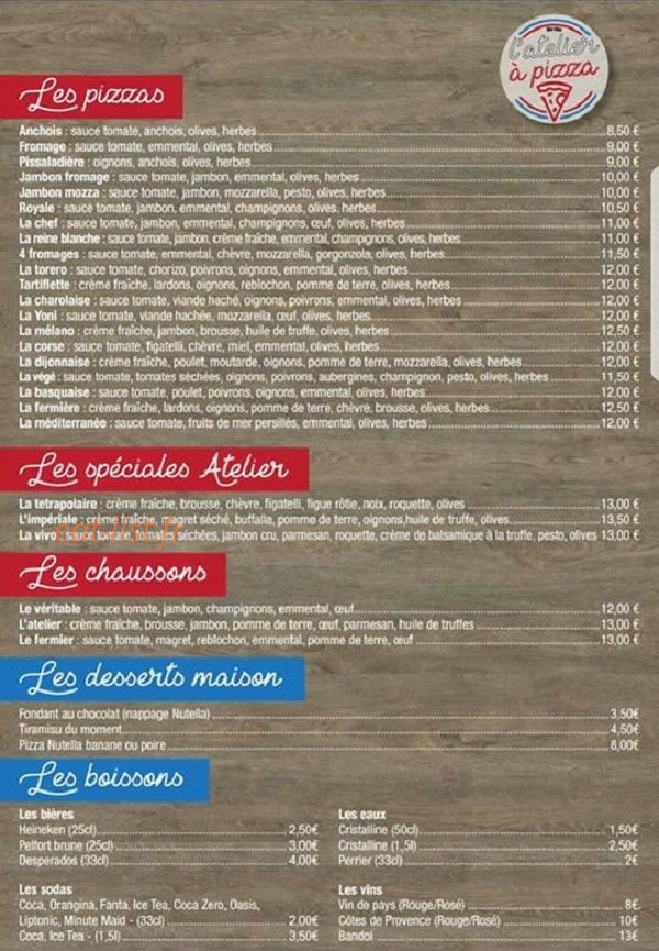 L'atelier à pizza — carte page 1