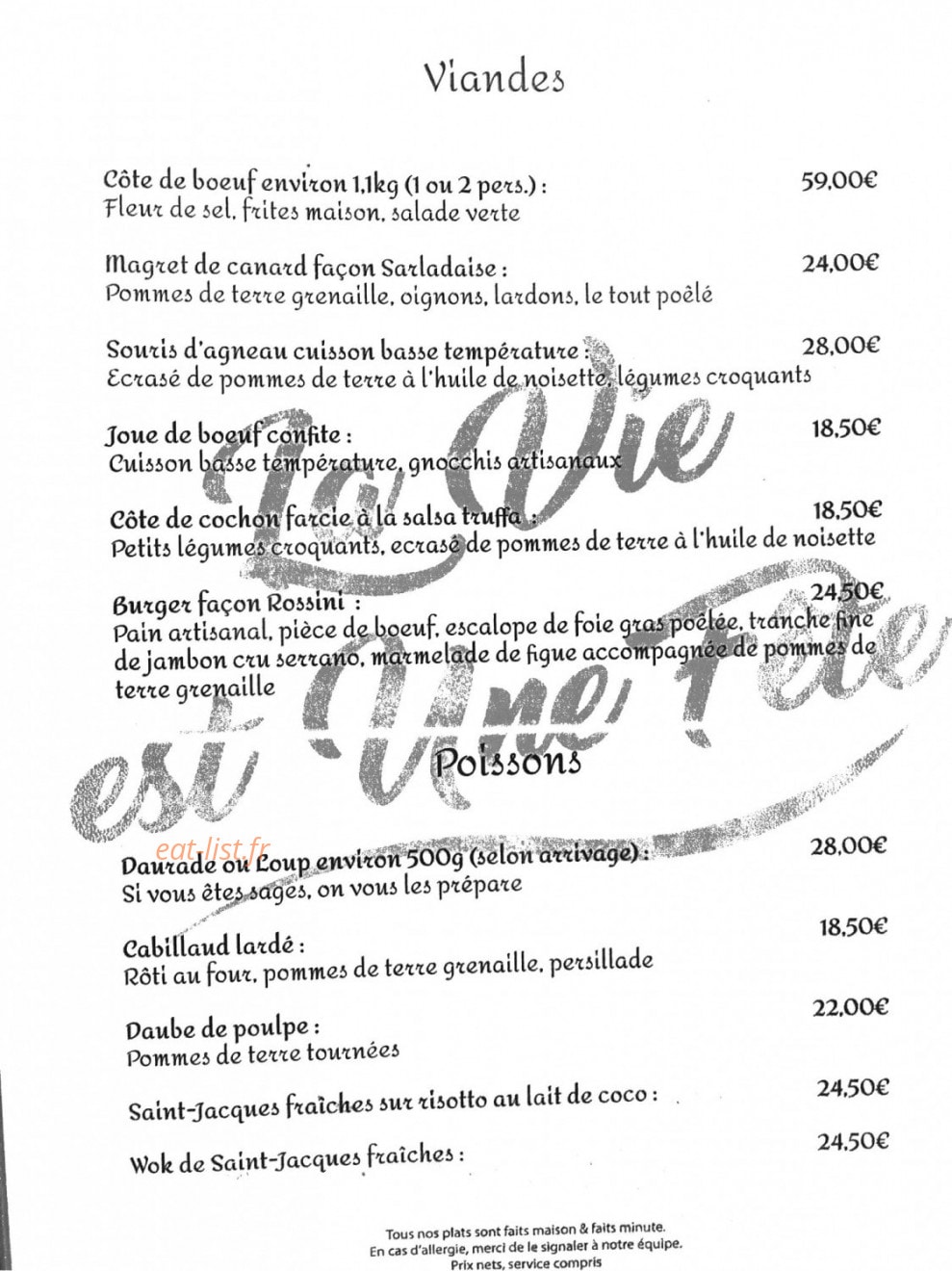 Carte et menu de La Vie Est Une Fête à La Seyne sur Mer — Les viandes, poissons