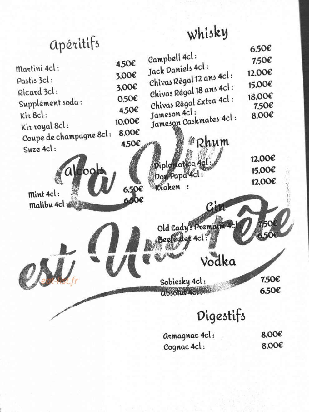 Carte et menu de La Vie Est Une Fête à La Seyne sur Mer — Les apéritifs, alcools, ...