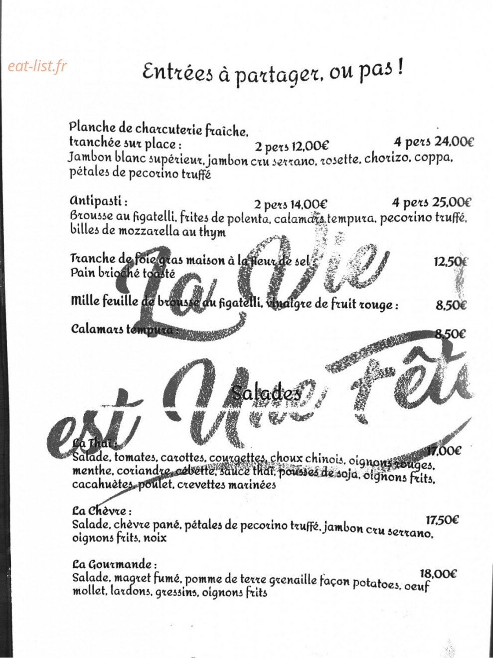 Carte et menu de La Vie Est Une Fête à La Seyne sur Mer — Les entrées à partager