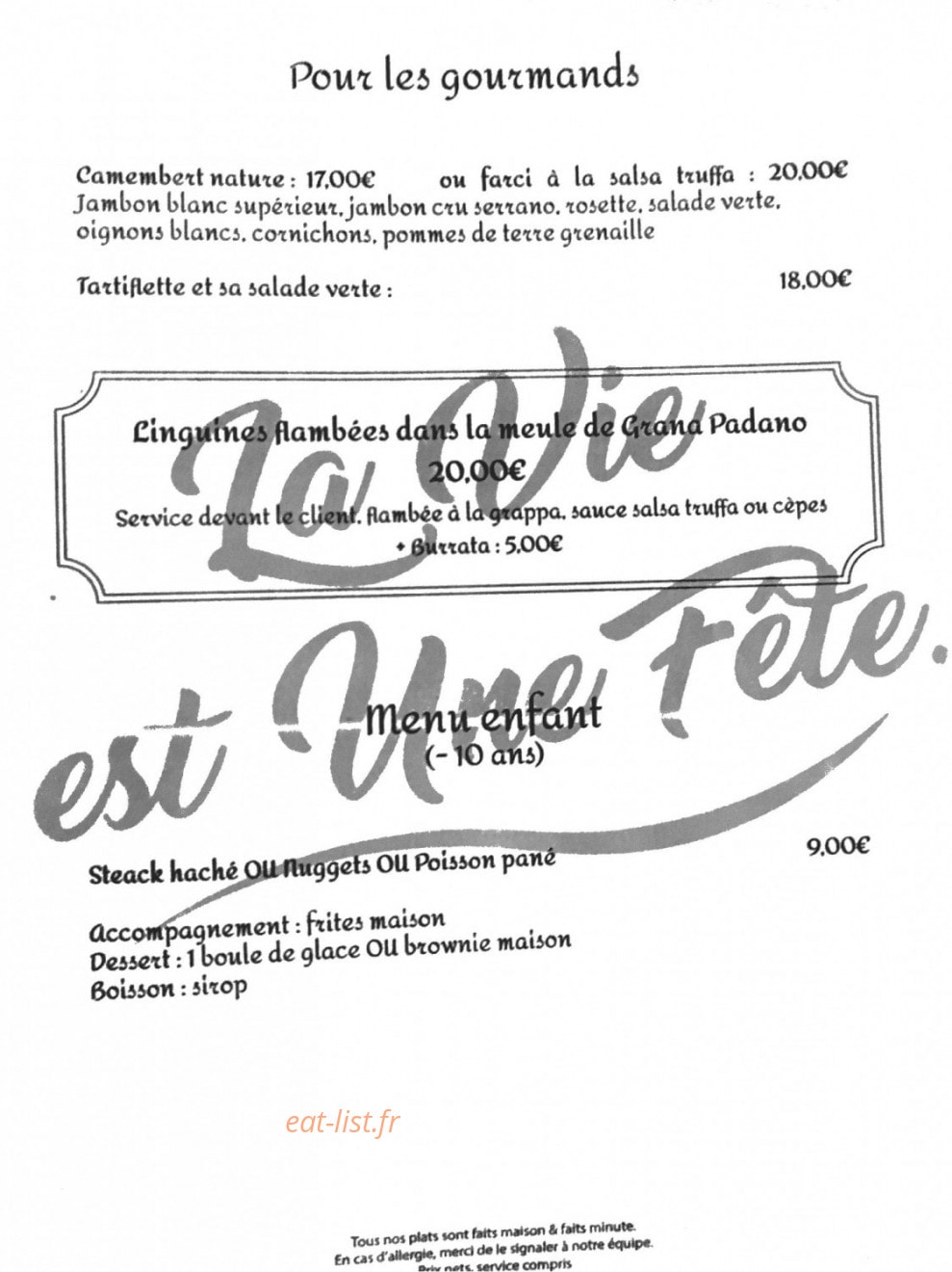 Carte et menu de La Vie Est Une Fête à La Seyne sur Mer — Les gourmands, menu enfant