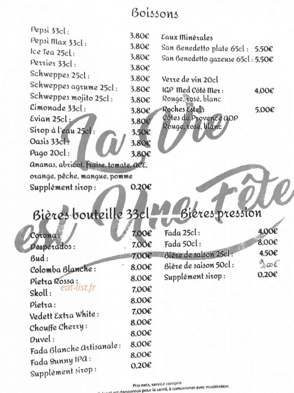 Carte et menu de La Vie Est Une Fête à La Seyne sur Mer — Les boissons, bières bouteilles, ...